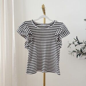 Zara Ribbed Stripe Ruffle Sleeve Top | Size L
